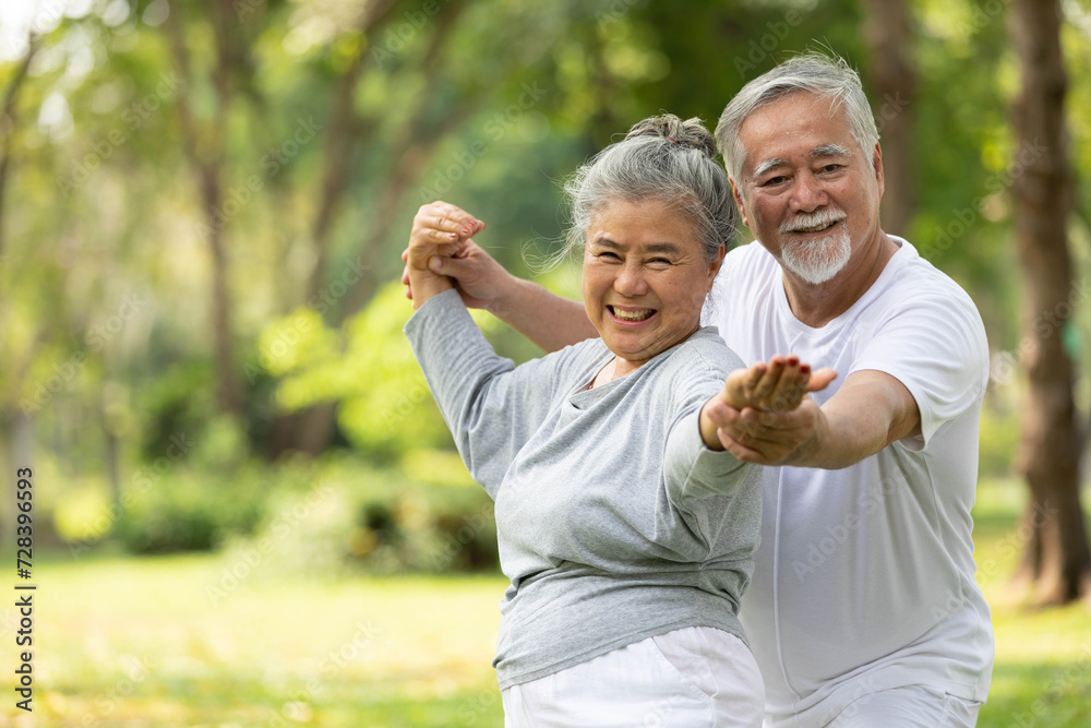 senior couple stretching before exercise and doing yoga in the park ...