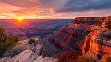 A Photo Of The Grand Canyon, With The Vast Canyon Walls As The Background, During A Dramatic Sunrise