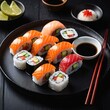 Sushi Platter With Chopsticks on a Black Plate