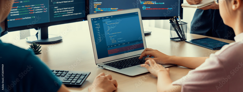 Cropped image of female web developer coding on laptop while computer ...