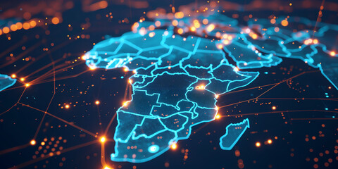 Wall Mural - Digital map of Africa, concept of global network and connectivity, data transfer and cyber technology, business exchange, information and telecommunication