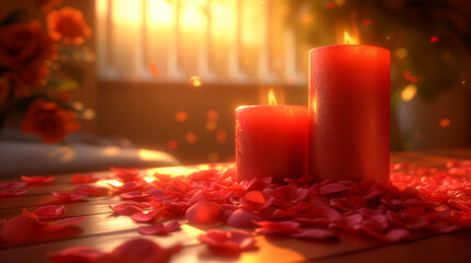 Wall Mural - Burning candles and rose petals next to the bed, a romantic evening