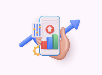 Wall Mural - Phone with charts and graphs. Pie , Line , Candlestick Chart. Planning and visualization of statistics. 3D Web Vector Illustrations.