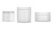 © Сергей Байбак - Cream jar mockup. Cosmetic product package template, isolated vector blank. Round face powder container design. Plastic packaging for body butter or mask with lid. Creme canister set