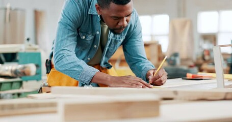 Aufkleber - Construction, wood and planning with black man in workshop for manufacturing, measure and building. Hardware, remodeling and maintenance with carpenter in small business for timber and production