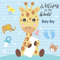 Canvas Print - Baby boy shower card with cute little giraffe and decorations