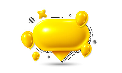 Poster - Birthday speech bubble icon with balloons. Yellow chat comment 3d icon. Talk message box. Modern realistic 3d design. Support speech bubble, chat message box. Social media dialog banner. Vector