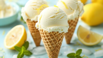 Refreshing ice cream in waffle cones with lemon flavour