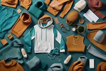 Transform Your Fashion Aspirations Into Reality By Utilizing A Top View Of Blank Unisex Hoodie, Sweater, And Top—your Starting Point For Trendy Clothing.