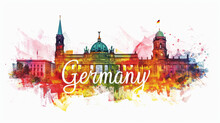 Travel To Germany Country Illustration Background With A Mix Of German Flag Colors And Architecture Of Germany Isolated On White Backdrop