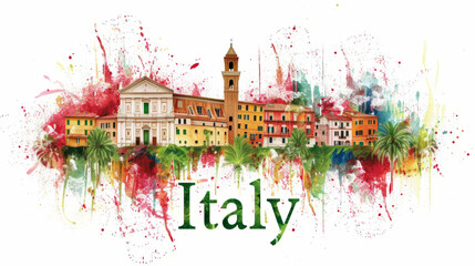 Wall Mural - Travel to Italy country illustration background with a mix of Italian flag colors and architecture of Italy isolated on white backdrop