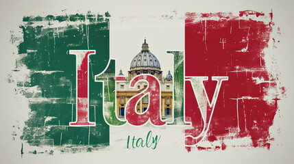 Wall Mural - Travel to Italy country illustration background with a mix of Italian flag colors and architecture of Italy isolated on white backdrop