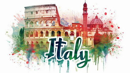 Wall Mural - Travel to Italy country illustration background with a mix of Italian flag colors and architecture of Italy isolated on white backdrop