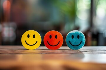 Wall Mural - Positive Psychology Emoji chirpy Smiley, Icon Illustration responsiveness. Smiling cartoon joviality. Big grin response happy smile. user friendly visualization stress management