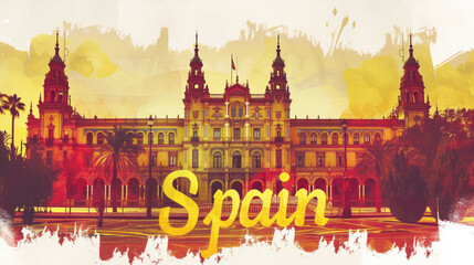 Wall Mural - Travel to Spain country illustration background with a mix of Spanish flag colors and architecture of Spain isolated on white backdrop