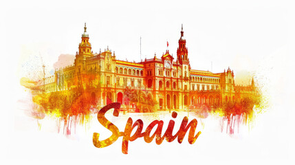 Wall Mural - Travel to Spain country illustration background with a mix of Spanish flag colors and architecture of Spain isolated on white backdrop