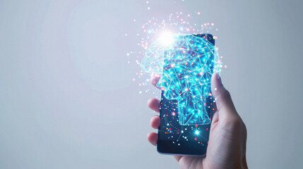 Smartphone screen displaying a hologram of a human brain on a white background