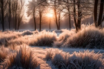 Poster - Hoar frost covered grass at dawn in the woods