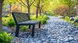 Tranquil park scene with a modern graphite bench along a decorative stone path