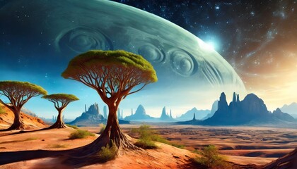 Wall Mural - alien planet landscape with strange trees digital art