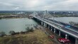 Drohnenaufnahme der Leverkusener Rheinbrücke am 05.02.2024, tolles Bauwerk interessante Autobahnbrücke. Brücke über einen Fluß den Rhein bei Köln