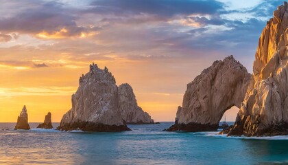 Sticker - rocky formations on a sunset background famous arches of los cabos mexico baja california sur panoramic image banner format