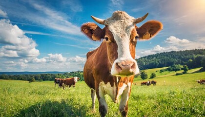 Wall Mural - cow in a field on a bright sunny day looking at the camera