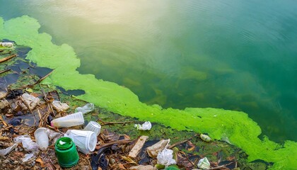 Wall Mural - garbage and blooming green water algae bloom due to pollution environment and water pollution protection concept banner