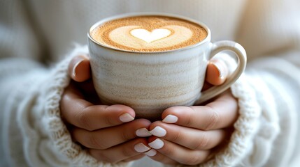 Wall Mural - Heart symbol coffee cup held by hands, creating joyful morning concept for a delightful day start.