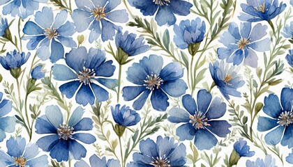 Wall Mural - watercolor vintage tiny blue wildflowers seamless pattern botanical floral ditsy texture on white