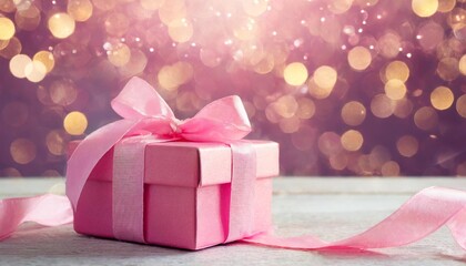 Canvas Print - pink gift box with ribbon with pink bokeh background valentine s day design with copy space