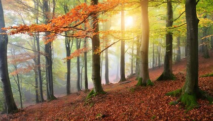 Wall Mural - autumn beech forest on misty weather during sunrise