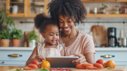 Wall Mural - Beautiful smiling dark-skinned mum and young daughter looking at a tablet and smiling in the kitchen, electronic recipes cooking