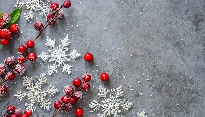 Poster - christmas or winter composition snowflakes and red berries on gray background christmas winter new year concept flat lay top view copy space