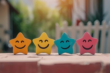 Wall Mural - Blessed emoticon verbal expression star ratings. Sociable passionate team communication external client feedback. Managing client reviews. Star emoji happy smileys, positive everlasting smiling symbol