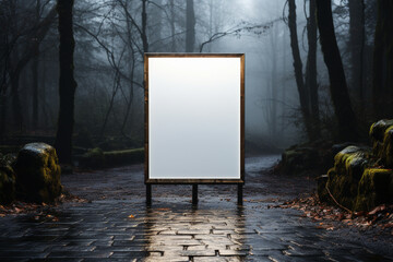 empty blank white signboard on road of forest generative by ai