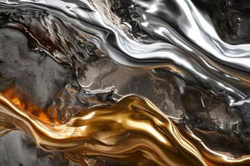 Poster - Abstract Silver and Gold Metallic Paint Flow. An abstract image showcasing the dynamic flow and blending of silver and gold metallic paint, creating a luxurious texture.