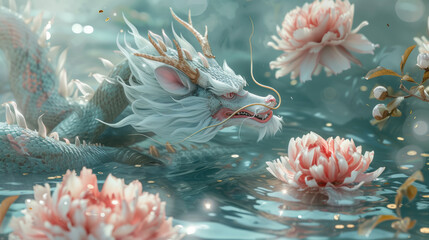 Wall Mural - A dragon is floating on some water with Peony, in the style of hyperrealistic murals, light aquamarine and white