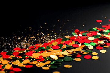 golden red green metallic glitter foil confetti on black background, golden holiday and holiday background.