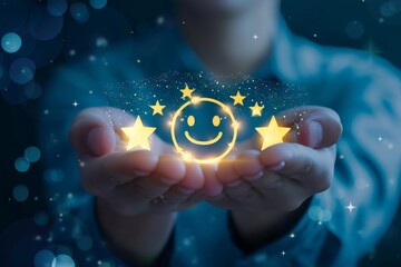 Wall Mural - Blessed emoticon verbal expression star ratings. Sociable passionate team communication external client feedback. Managing client reviews. Star emoji happy smileys, positive everlasting smiling symbol
