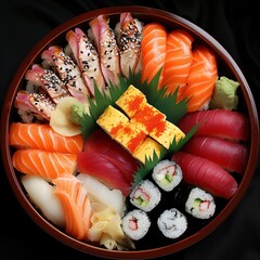 Mixed Sushi Set nigiri, rolls and sashimi served in traditional Japan Sushioke round plate.