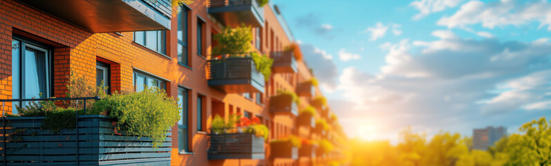 Wall Mural - Panoramic view of apartment houses with blooming flowers on the balconies. City life concept.