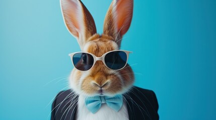 Wall Mural - Stylish rabbit wearing sunglasses and bow tie in a sunlit forest for themed events marketing or cheerful greeting cards