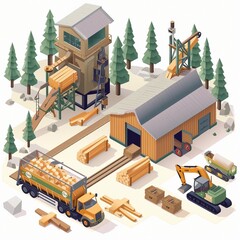 Wall Mural - Project teamwork at sawmills. isometric illustration