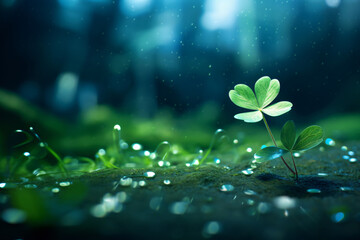 Wall Mural - a beautiful single four leaf clover against a background of green