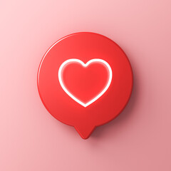 Poster - Social media notification neon love like heart icon in red round speech bubble sign pin isolated on pink pastel color wall background with shadow minimal conceptual 3D rendering