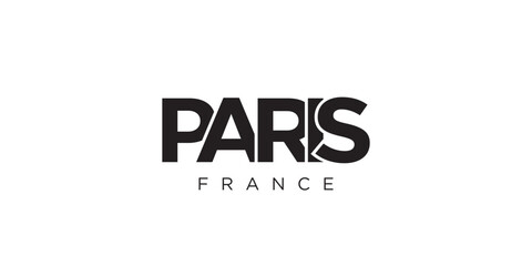  Paris in the France emblem. The design features a geometric style, vector illustration with bold typography in a modern font. The graphic slogan lettering.