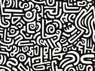 perfectly seamless pattern, vector repeated abstract african texture. tribal shapes background, blac