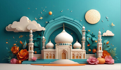 Islamic ramadan greeting background. Colorful vector illustration of abstract paper cut mosque, crescent, pattern, window and street for greeting card, background or wallpaper