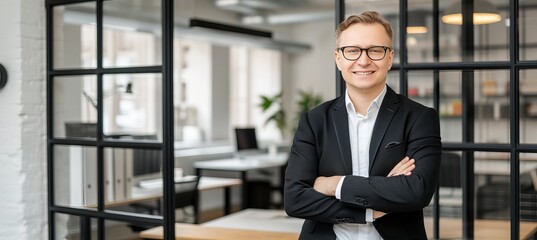 Poster - Cheerful businessman in modern office meeting with copy space on blurred glass walls background